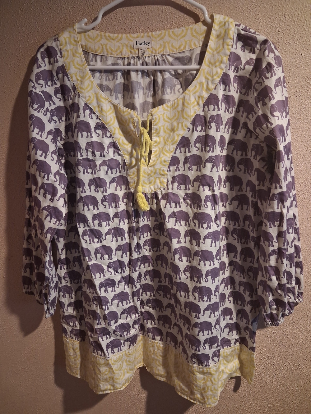 Hatley Purple and Yellow Elephant Print Tunic 3/4 Sleeve 100% Cotton L